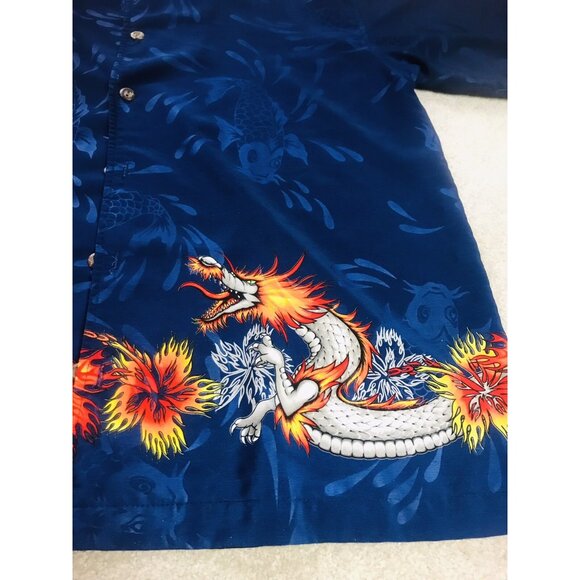 ISLAND SERIES HAWAIIAN MENS BLUE FISH DRAGON SHORT SLEEVE SHIRT USA MADE SIZE L - Picture 3 of 8